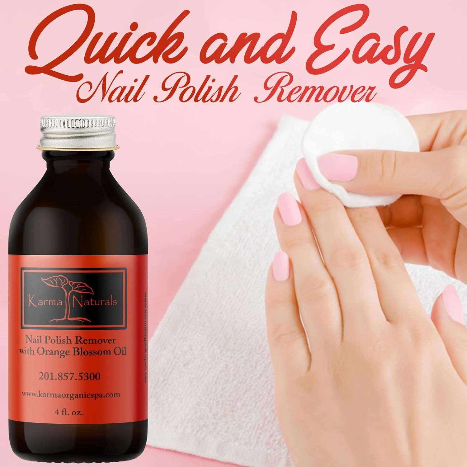 Karma Organic Paquete de removedor de esmalte de uñas y capa base superior  Removedor de esmalte de uñas Naturals con flor de naranja (4 onzas