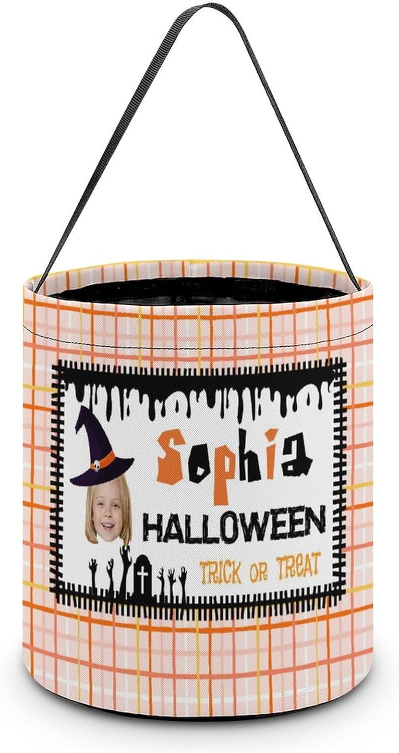 Artsadd Canasta de dulces de Halloween personalizada con foto con nombre, bolsa personalizada para pedir dulces o truco, cubo para dulces para