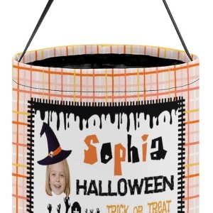 Artsadd Canasta de dulces de Halloween personalizada con foto con nombre, bolsa personalizada para pedir dulces o truco, cubo para dulces para Artsadd Canasta de dulces de Halloween personalizada con foto con nombre, bolsa personalizada para pedir dulces o truco, cubo para dulces para