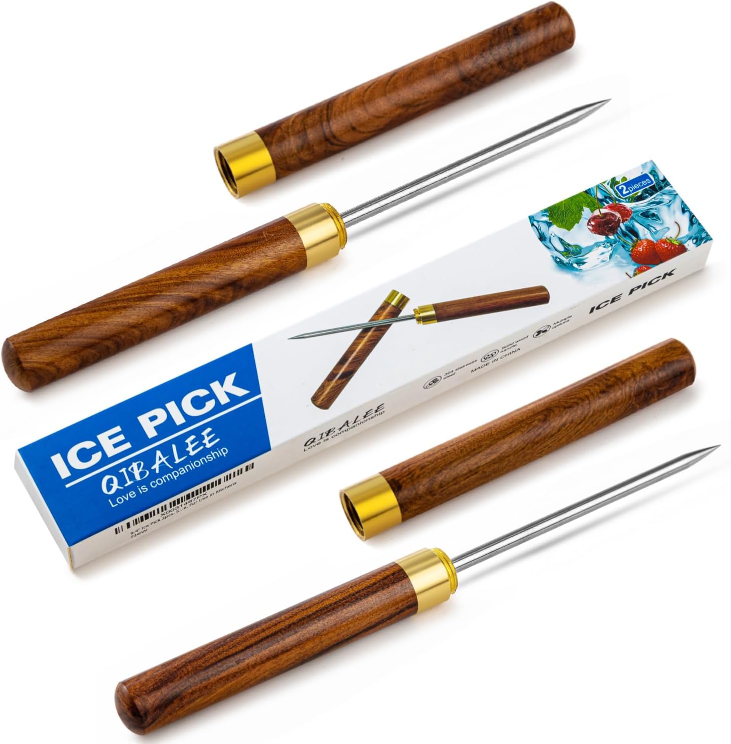 QiBaLee 2 palillos de hielo para romper hielo. 9 pulgadas de largo. Tapas de madera seguras y asas de madera antideslizantes. Fácil de almacenar.