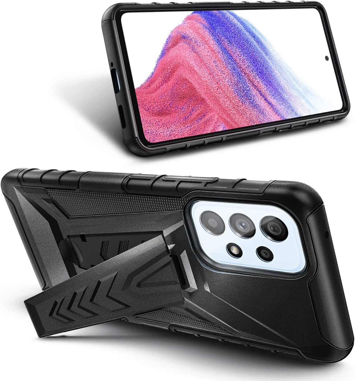 NZND Funda para Galaxy A53 5G con protector de pantalla de vidrio templado (cobertura máxima), funda de clip para cinturón con soporte integrado,