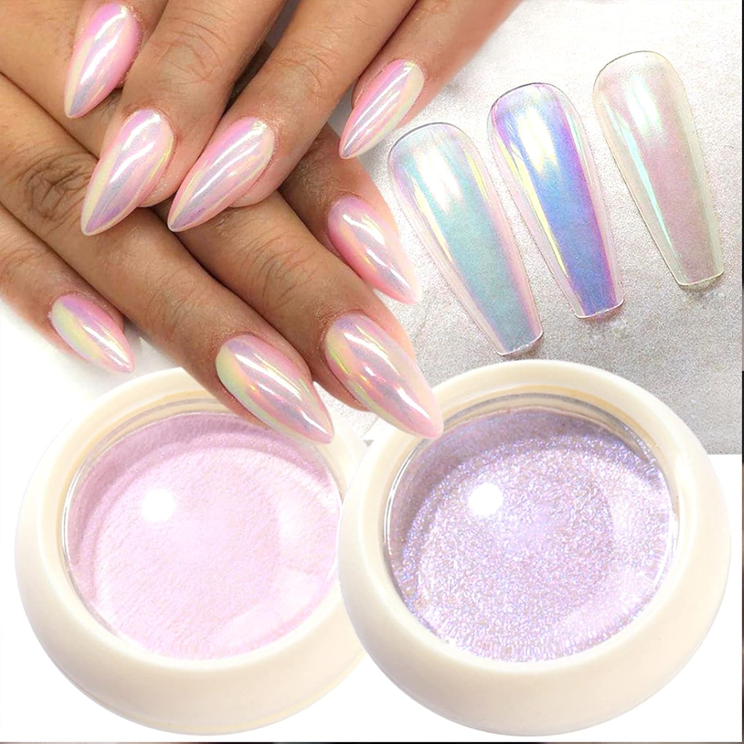 2 cajas de uñas de cromo perla con efecto espejo, uñas de concha de hada, polvo holográfico aurora iridiscente nacarado pigmento de manicura arco