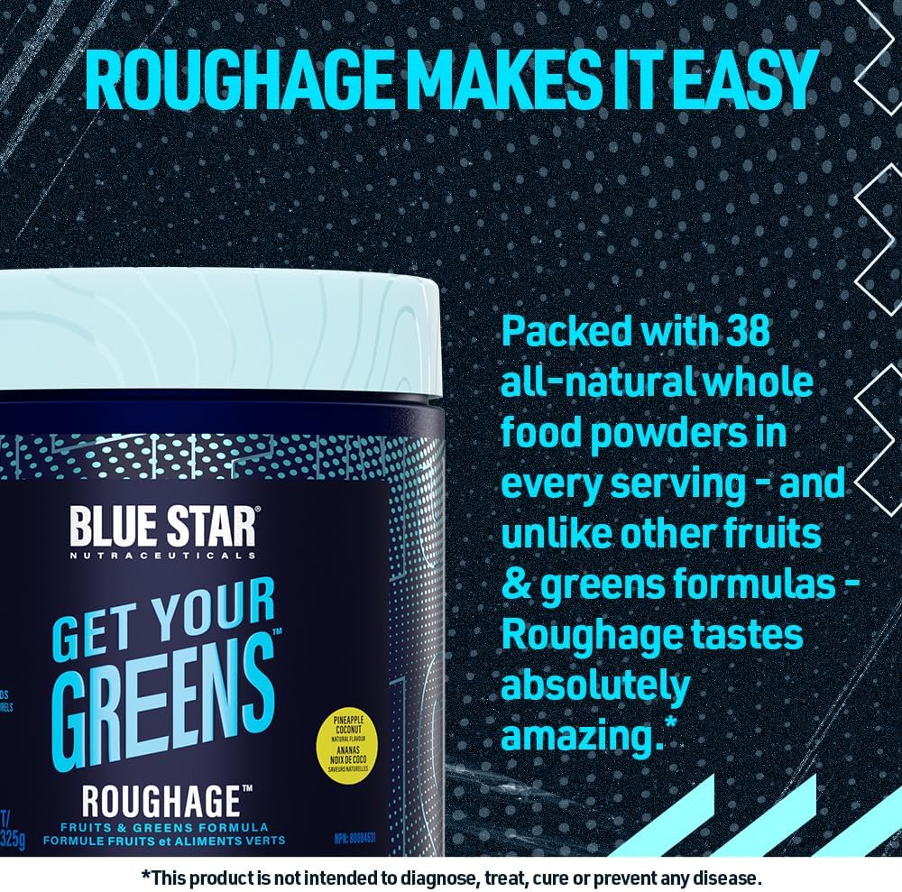 ROUGHAGE – Superalimento en polvo de 38 frutas y verduras  Sin sabores artificiales ni edulcorantes  Sabor increíble (piña y coco)