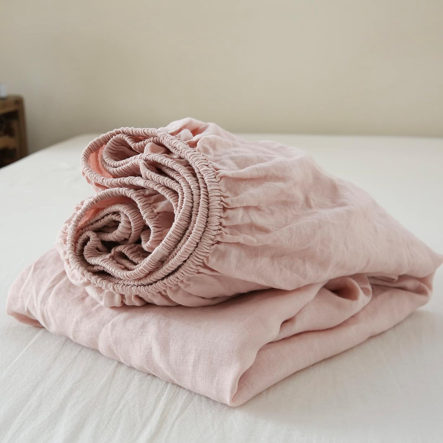 King Linens Sábana bajera de 100 % lino lavado a la piedra, color sólido  (1 pieza) funda de colchón de 14 pulgadas de profundidad suave, natural y