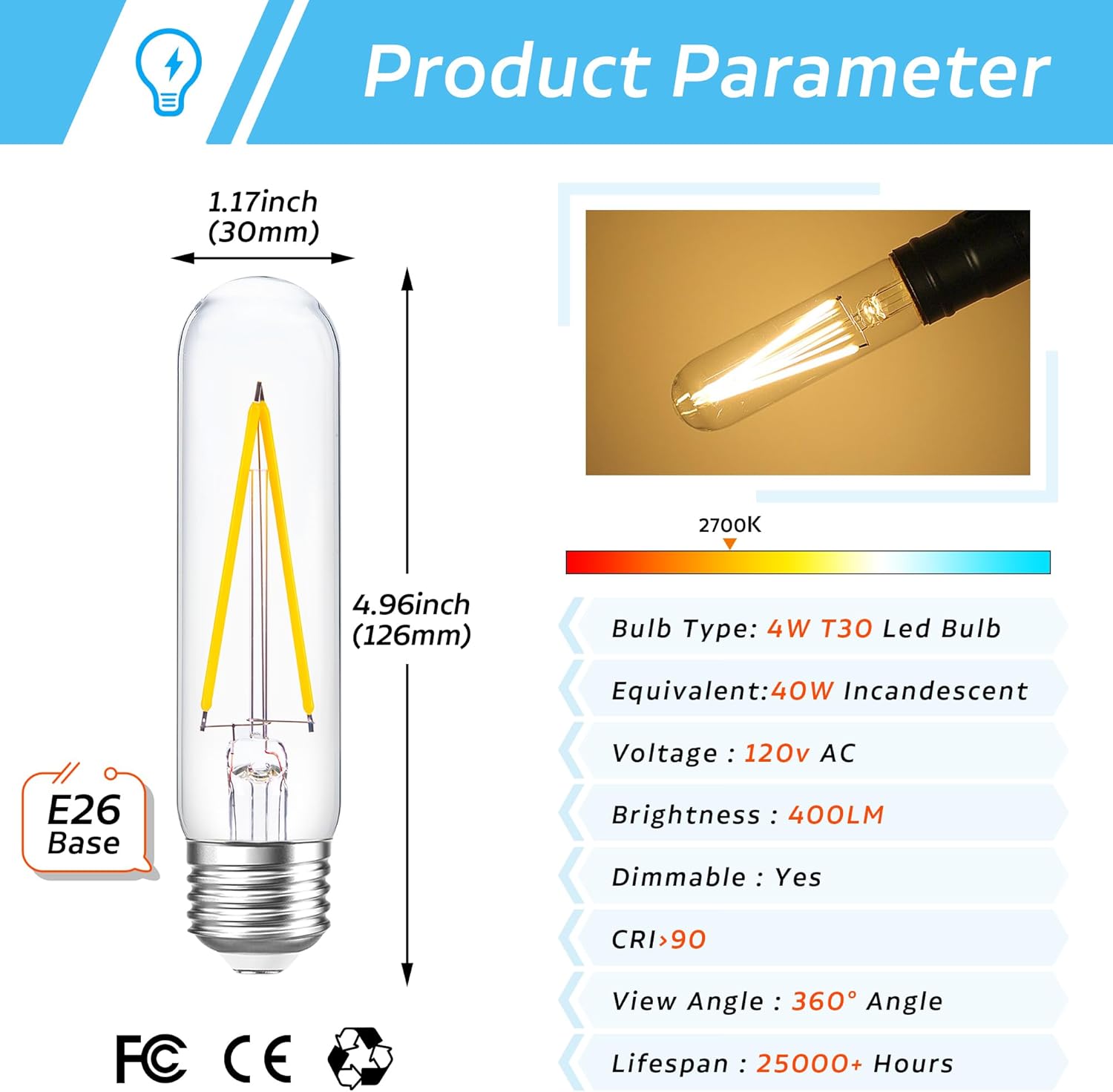 Bombilla LED regulable E26 equivalente a bombillas incandescentes de 40 W, AC120V blanco cálido 2700K 400LM T10T30 bombilla para electrodomésticos