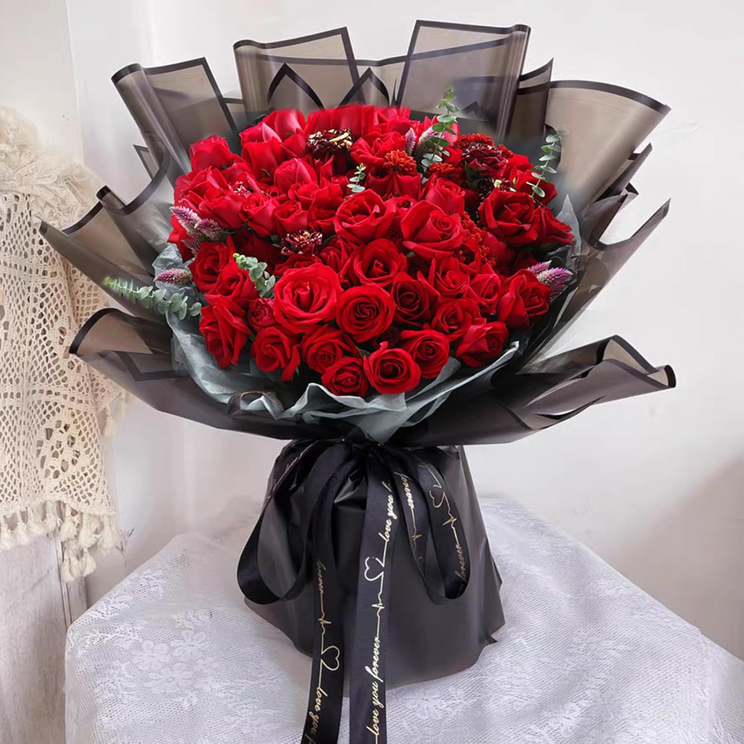 Kosotody 20 hojas de papel de regalo de flores esmeriladas, línea negra, impermeable, ramo de floristería con cinta para ramos de manualidades, ramo