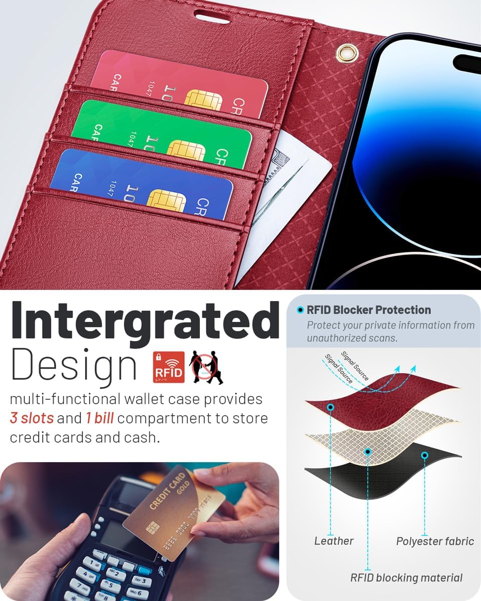 OCASE Funda tipo cartera compatible con iPhone 15 Pro, de piel sintética, con tarjetero, bloqueo RFID, soporte para teléfono carcasa interior de TPU