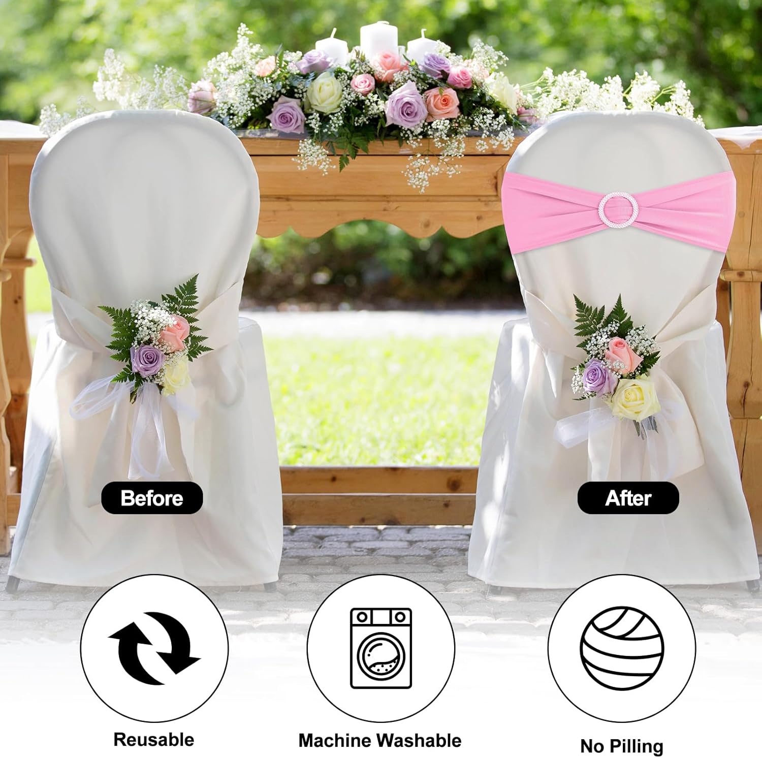 BOUBONI Paquete de 50 bandas elásticas de elastano para silla con hebillas para sillas plegables, bodas, fiestas, recepciones, baby shower, eventos,