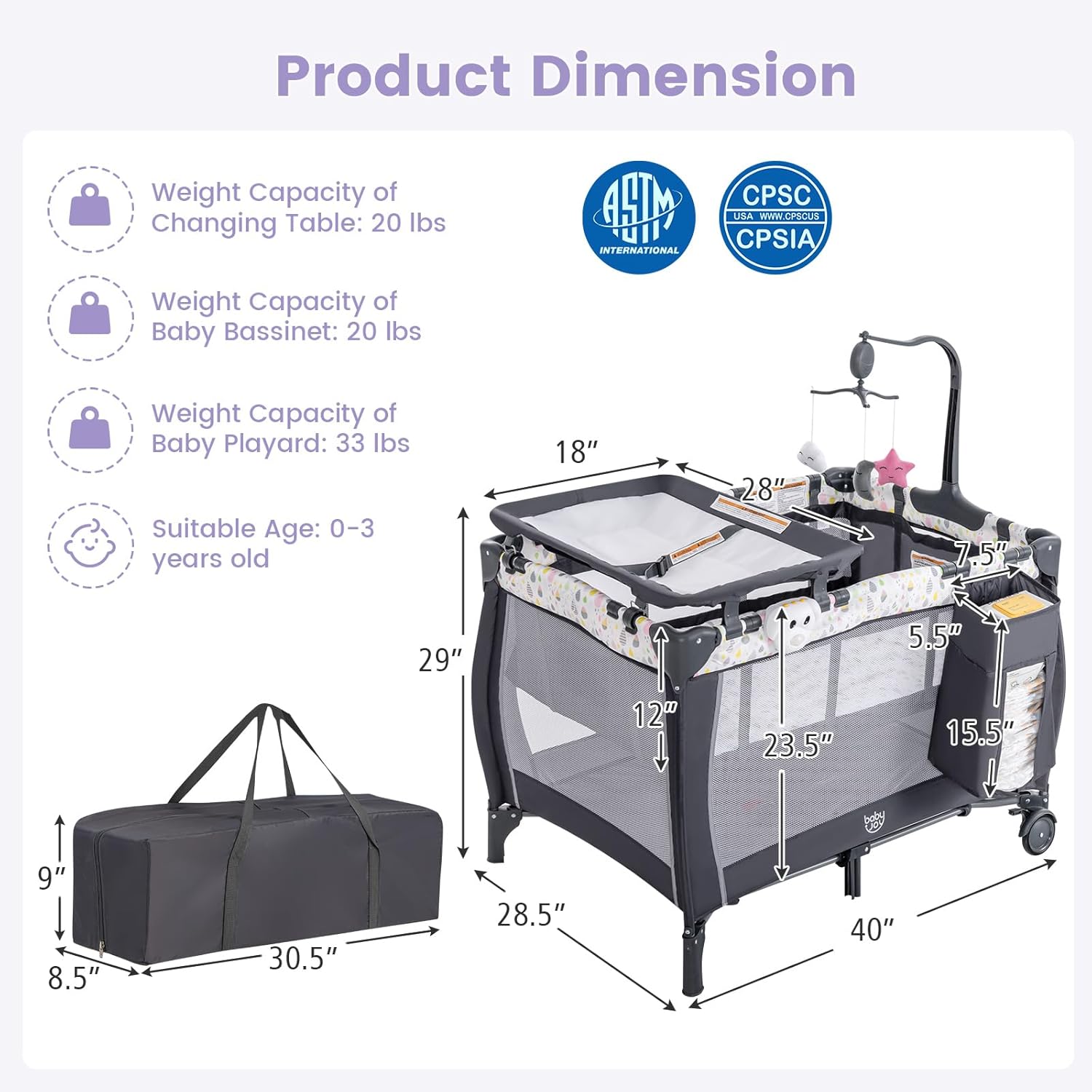 Costzon Paquete 3 en 1 con moisés, corral portátil con cambiador, caja de música, juguetes giratorios, ruedas y freno, cesta de gran capacidad,
