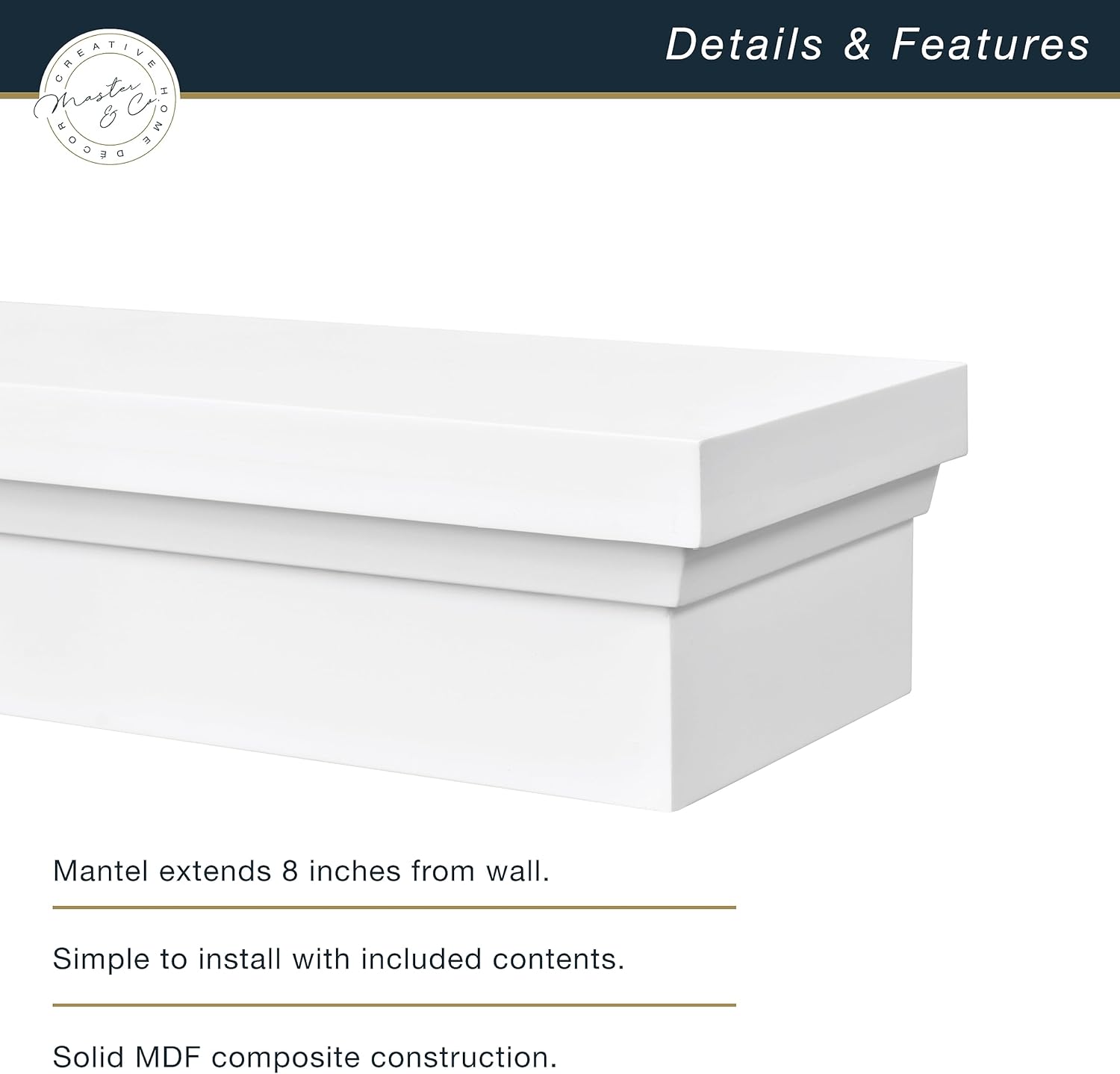 Master & Co. – Repisa flotante clásica para chimenea, estantes flotantes largos para decoración de pared, 60 pulgadas, color blanco