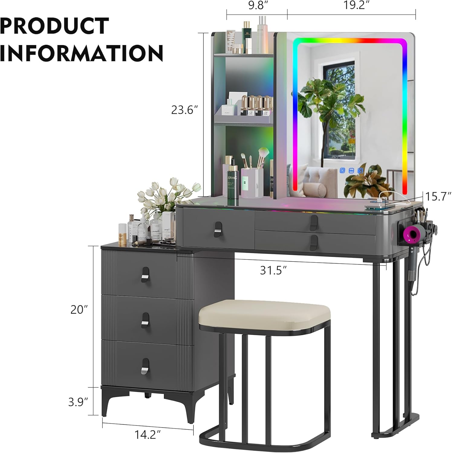 Escritorio de maquillaje RGB con espejo y luces, juego de mesa de tocador de 7 dinámicas y 7 estáticas regulables con estación de carga inalámbrica,