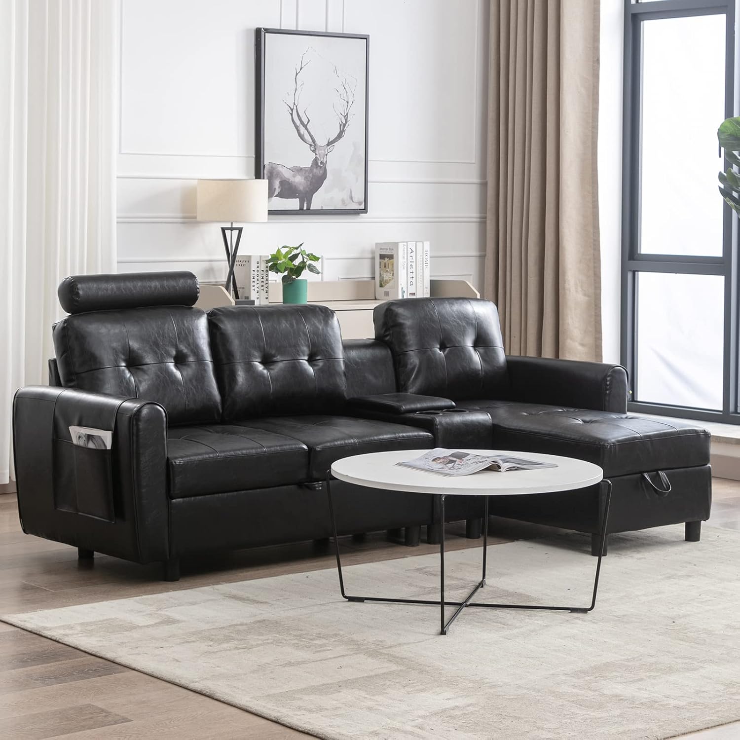 Sofá para sala de estar, sofá de cuero negro con portavasos y gran espacio de almacenamiento debajo del sofá para dormitorio, estudio de oficina