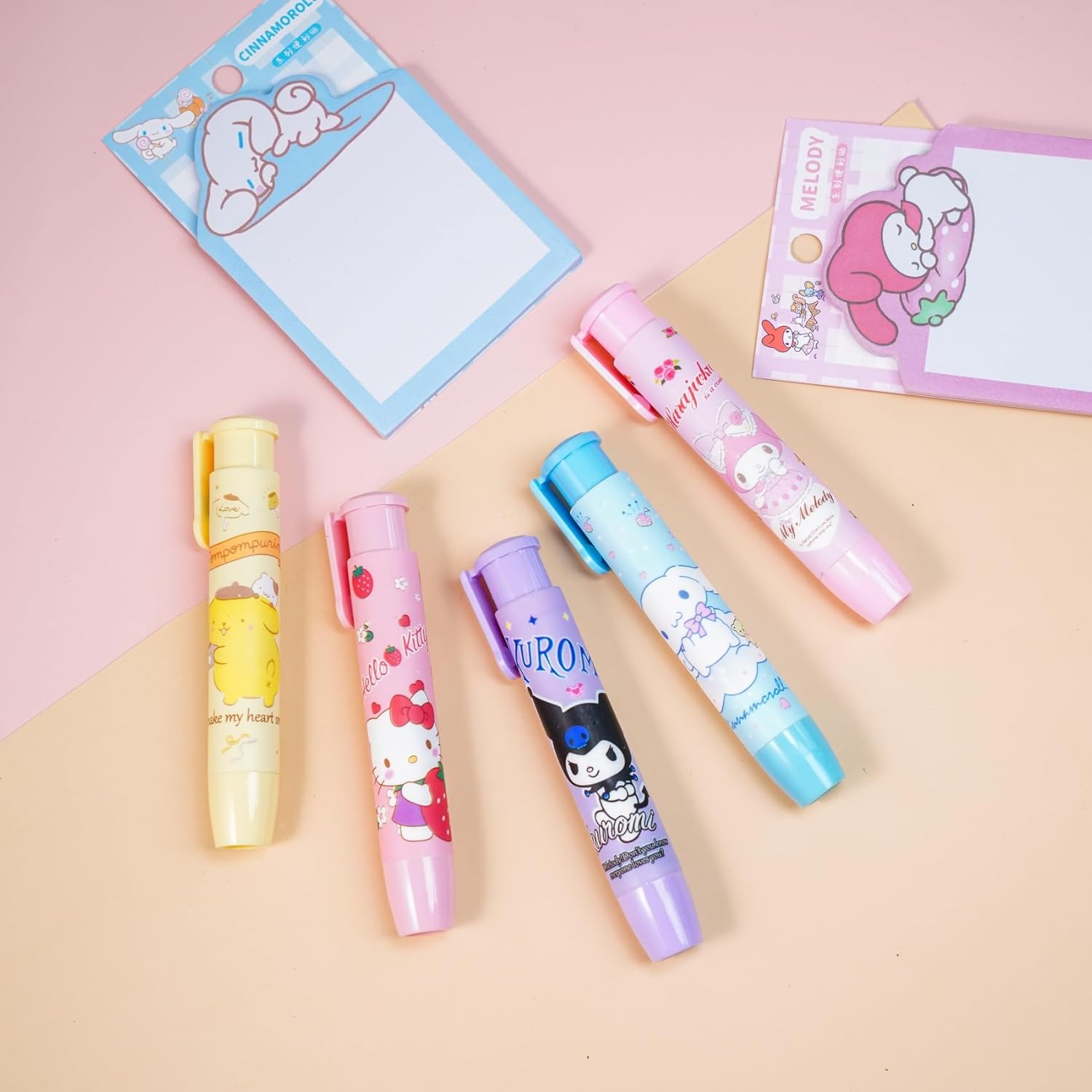 5 + 1 borradores Kawaii para niños y gatitos retráctiles, lindos borradores para niñas, melodía de anime, divertida, caricatura, novedad, borrador