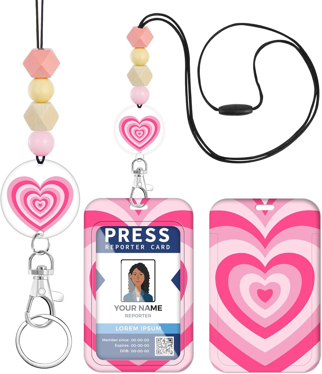Toykee Cordón para profesor para tarjeta de identificación, lindo corazón para hombres y mujeres, con cuentas, cordón para el cuello, insignias,