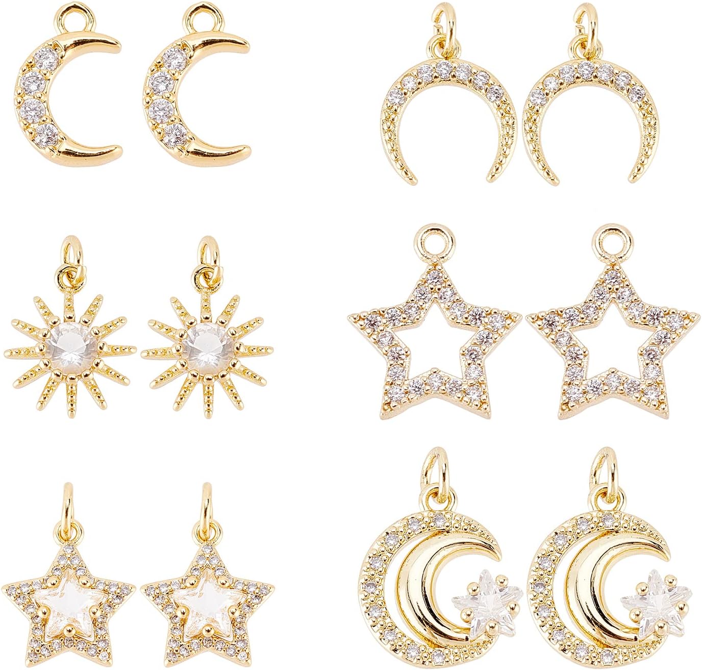 SUPERFINDINGS 12 dijes de latón con circonitas cúbicas de latón y luna, estrella y diamantes de imitación, dijes colgantes de cristal celestial para