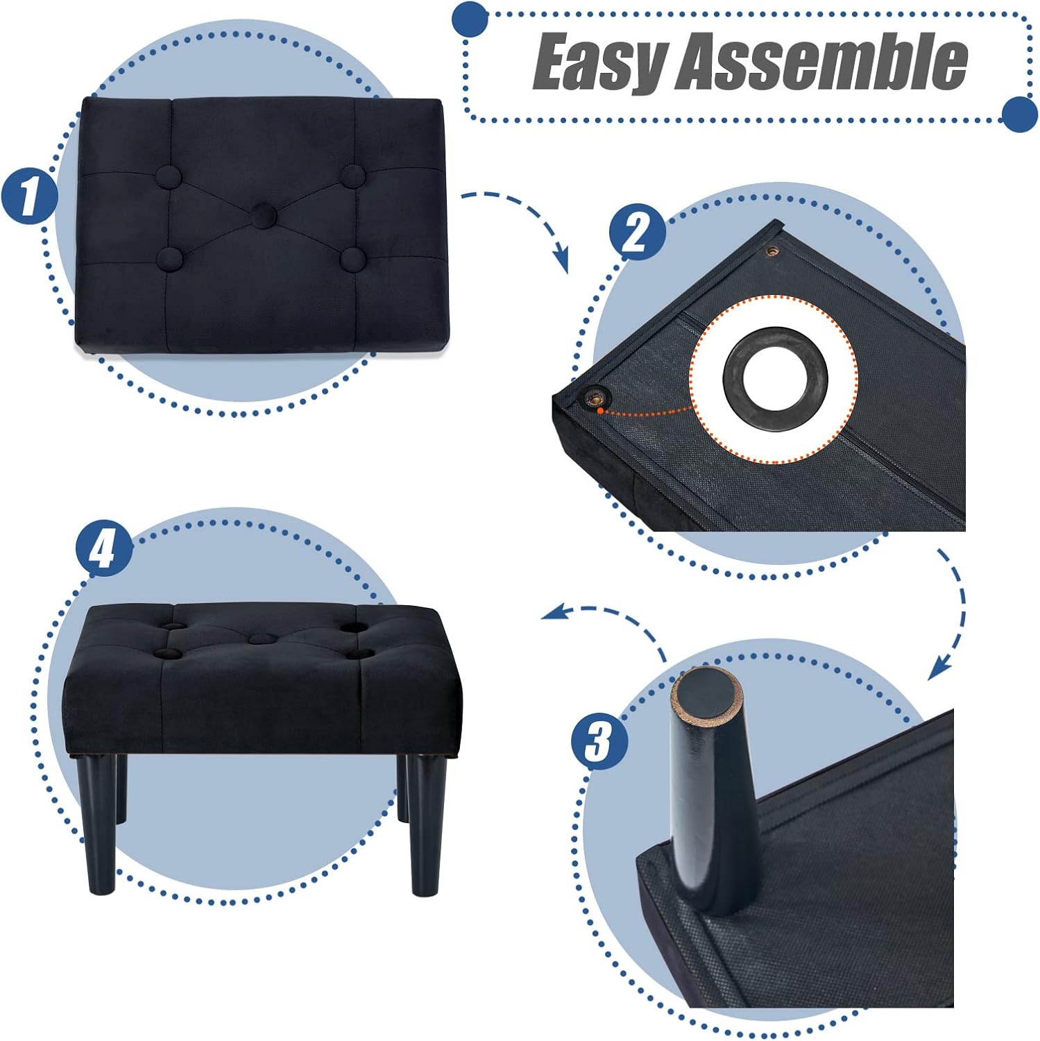 BRIAN & DANY Taburete pequeño otomano, asiento suave de terciopelo con patas de madera, taburete para sala de estar, taburete para pies (negro)