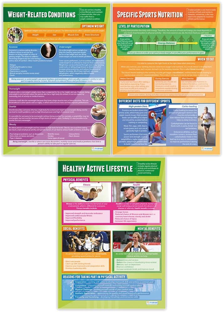 Daydream Education Pósteres de salud, fitness y bienestar  Juego de 5  Laminado  FORMATO GRANDE 33 x 23.5 pulgadas  Decoración de aula  Tablas de