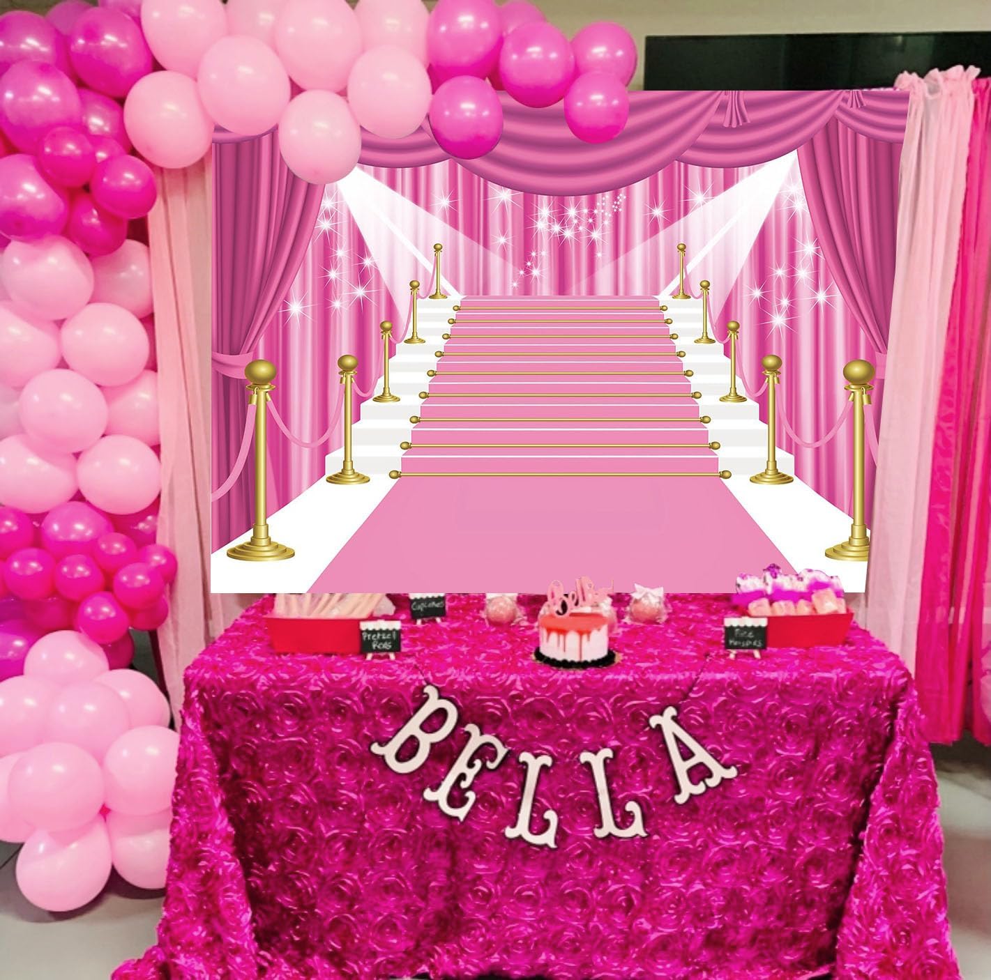 BINQOO Cortina de fondo rosa de 7 x 5 pies para baile de graduación 2025, alfombra grande, color rosa, estrellas, niña, fiesta, fotografía, fondo