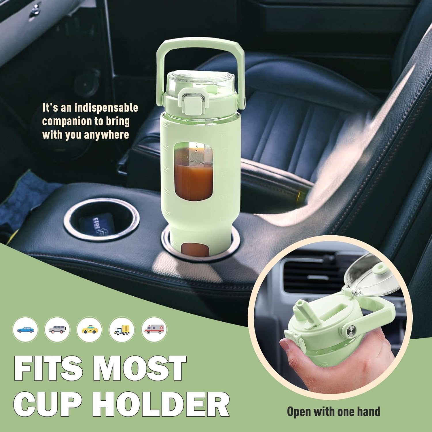 BLUEGO Botella de agua de vidrio de 32 onzas con popote y tapa, botella de agua potable de vidrio con asa, taza de café helado con marcador de