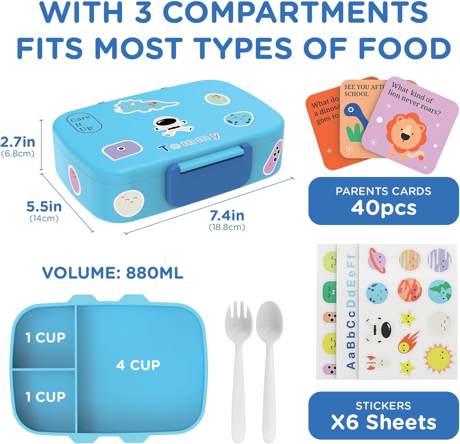Lonchera Bento para niños y niñas con juego de cubiertos, hojas de calcomanías (más de 5 años), caja de almuerzo de 3 compartimentos a prueba de