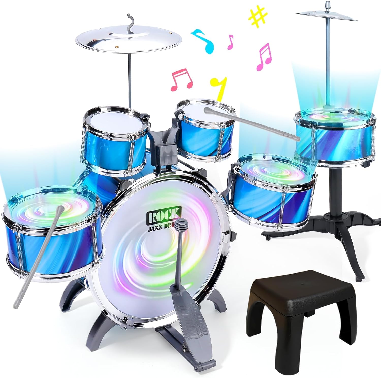 Juego de batería para niños pequeños de 1 a 3 años con silla mejorada, juego de batería para niños de 3 a 5 años, juguetes musicales para niños y