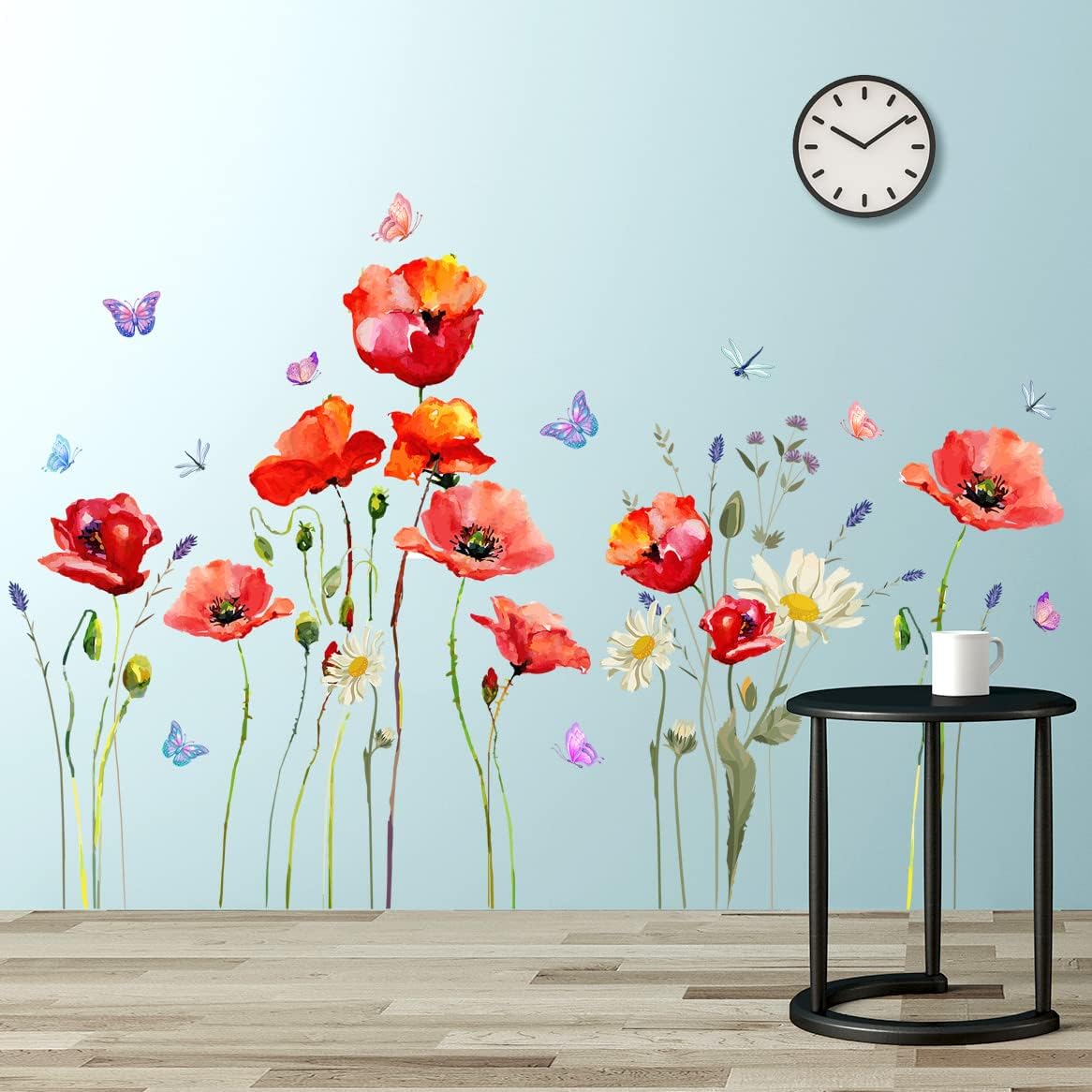 Calcomanías de pared de flores de amapola roja, margaritas florales y mariposas, calcomanías de pared para bricolaje, hojas verdes, plantas y