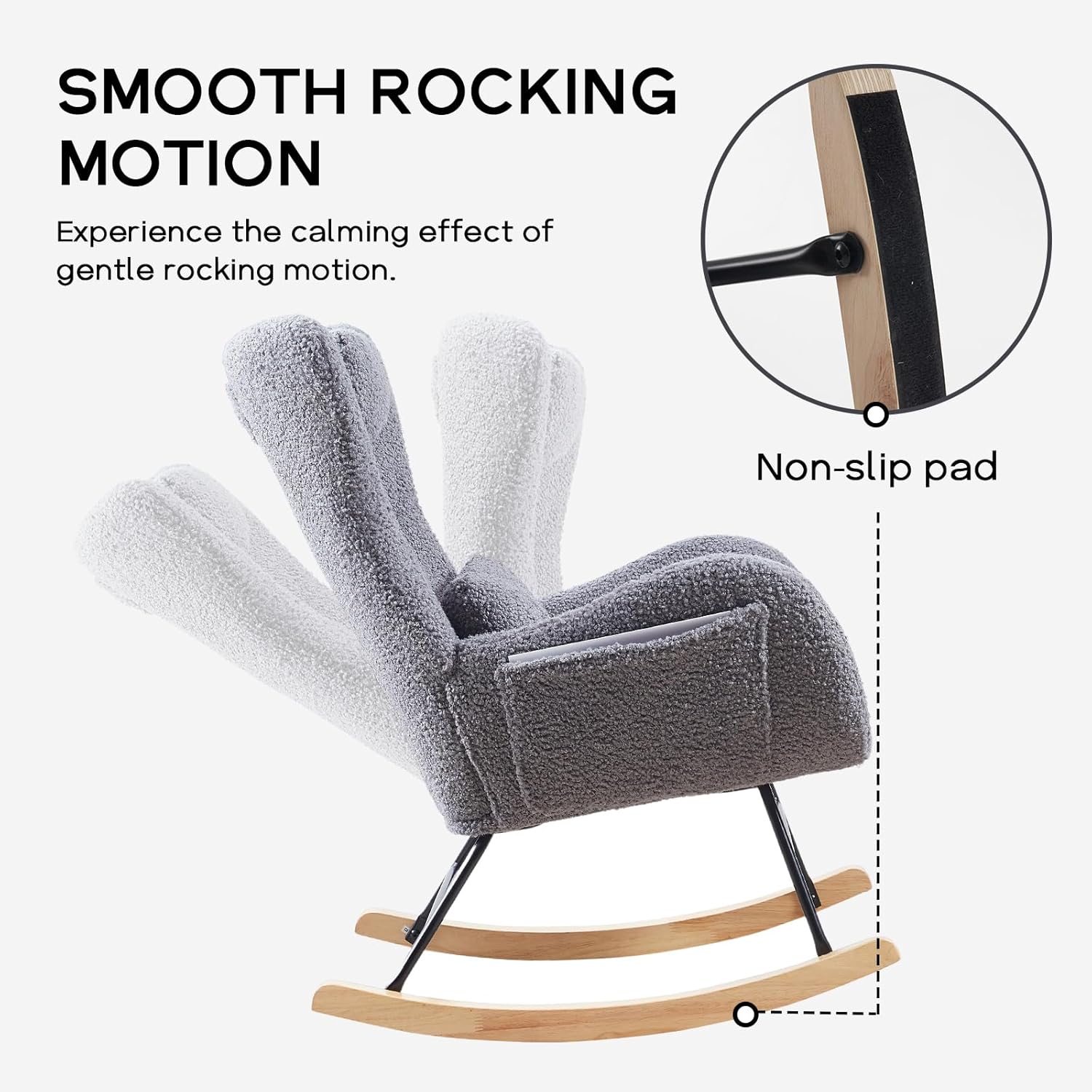 NIOIIKIT Mecedora para guardería, mecedora tapizada de peluche con reposacabezas y almohada lumbar, respaldo alto con bolsillo lateral, cómodo