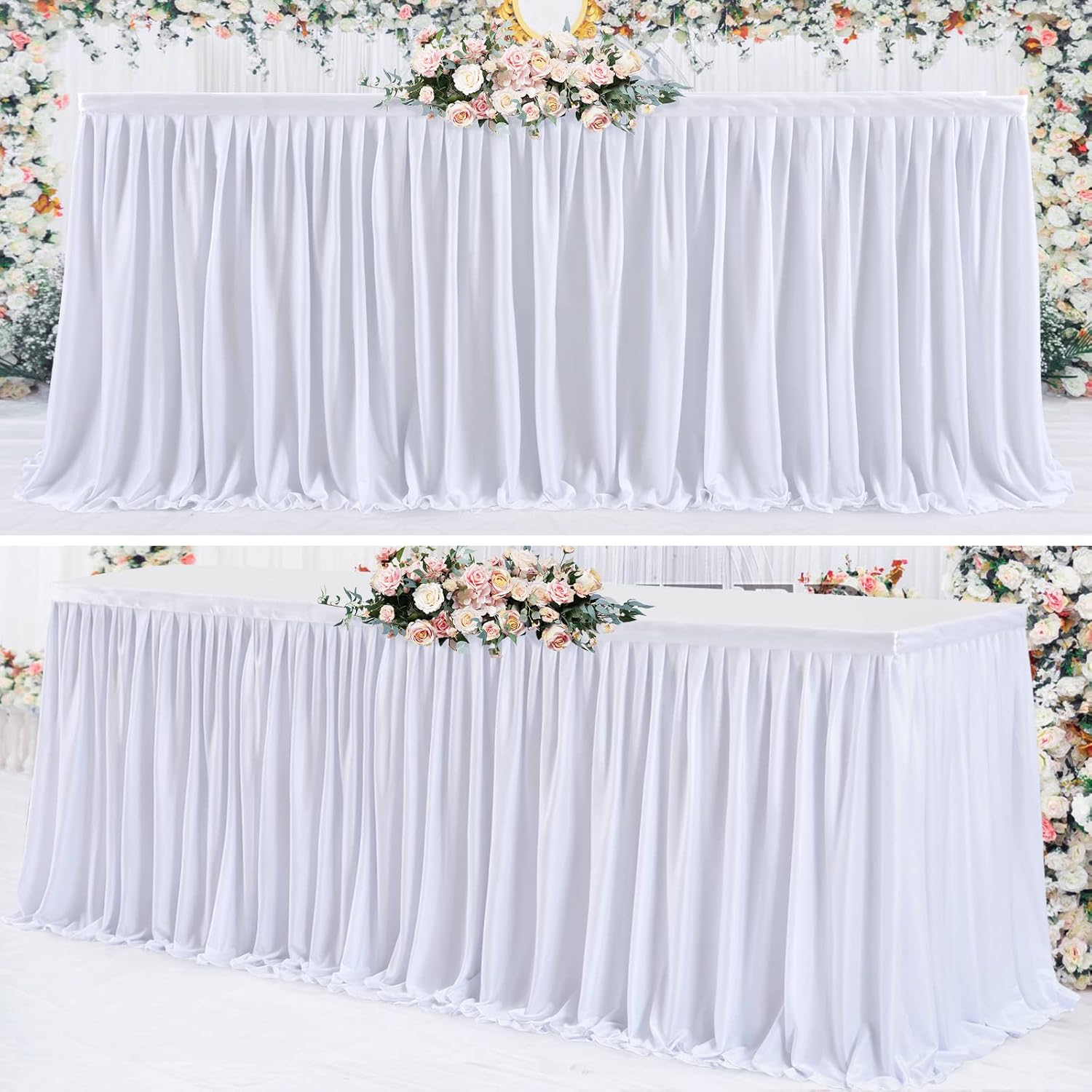 Partisky Falda de mesa de poliéster blanco para mesas rectangulares 12f, mantel plisado resistente a las arrugas para fiesta de cumpleaños,