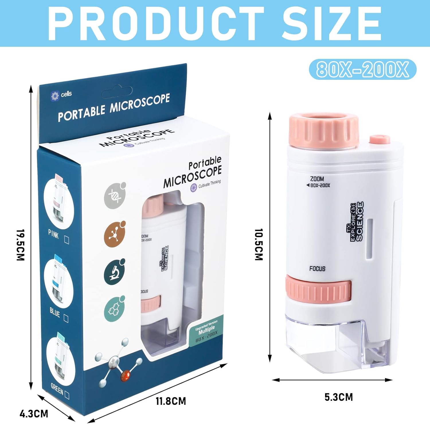 Kanayu Juego de 4 microscopio de bolsillo con luz LED, microscopio de bolsillo portátil, microscopio de mano con bolsa de terciopelo para niños,