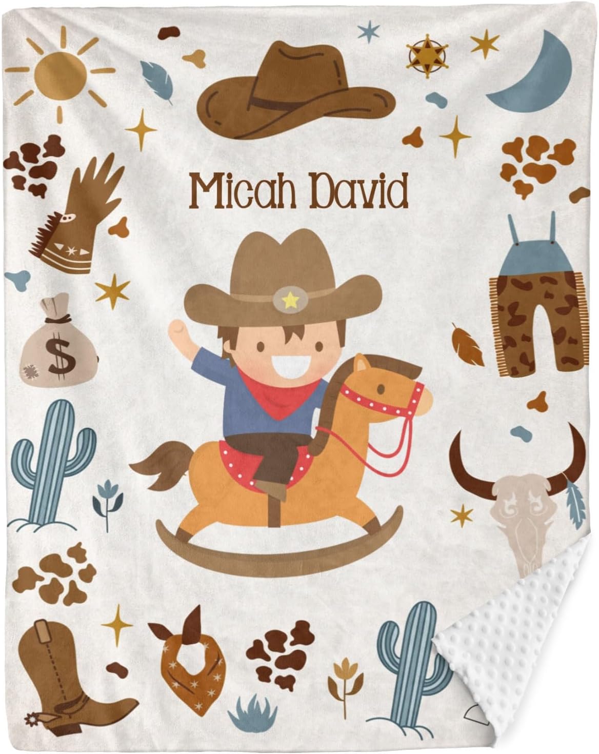 Manta personalizada de minky con lunares y caballitos vaqueros, color marrón occidental, para recién nacido, 35 x 45 pulgadas, para cumpleaños