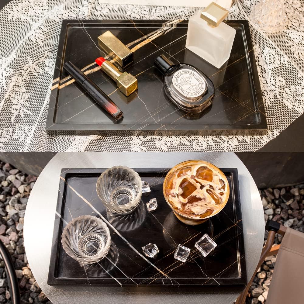 Bandeja de almacenamiento de mármol natural de lujo para decoración del hogar, bandeja de piedra para bañococinatocadoraparador sin resina(negro