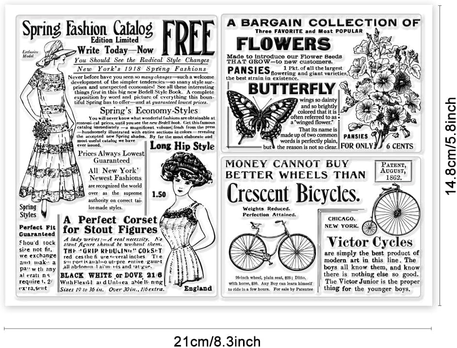 GLOBLELAND Fondo de texto de periódico vintage, sellos transparentes transparentes retro para dama, mariposa, estampado de mariposas, sellos