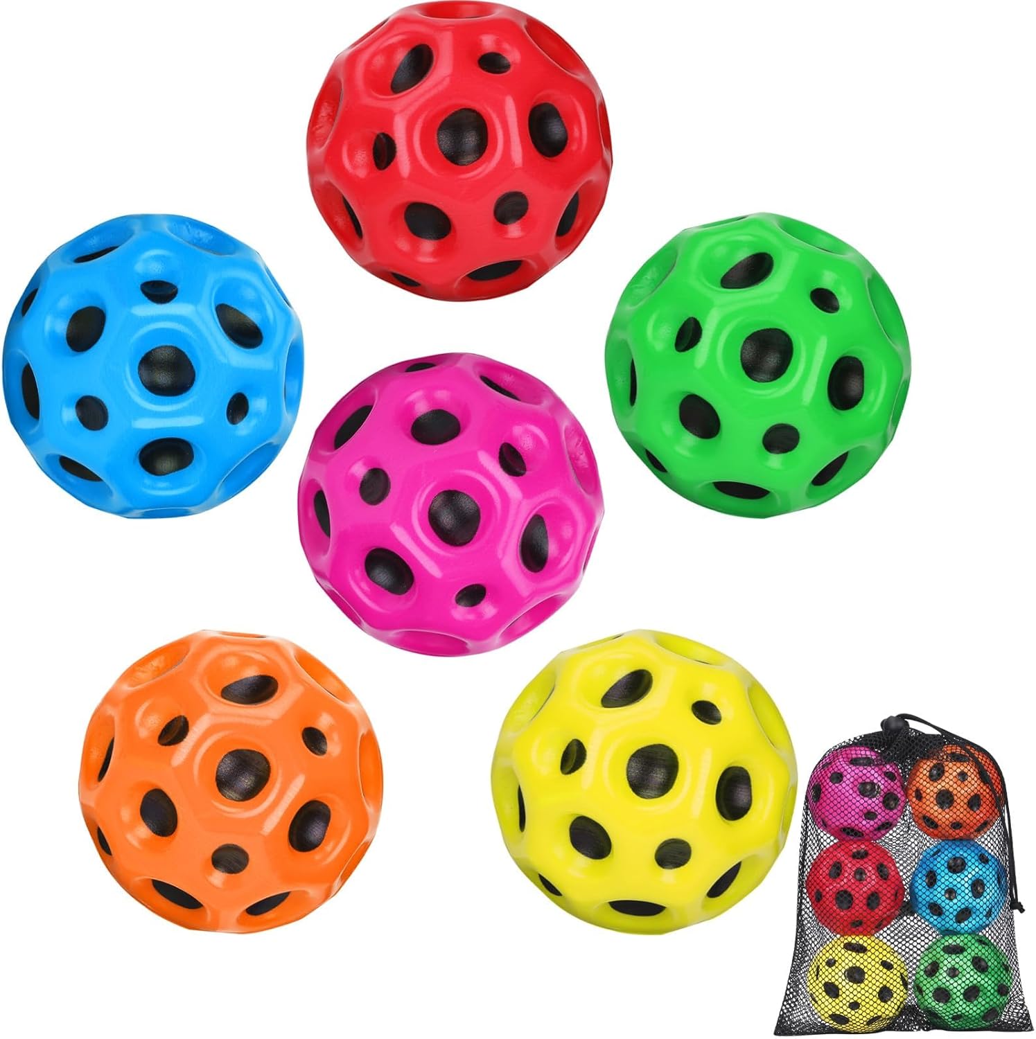 JPONLINE 6 bolas espaciales, pelota espacial de alta elasticidad con bolsa de malla, bola de goma para regalo para niños para juegos de fiesta,