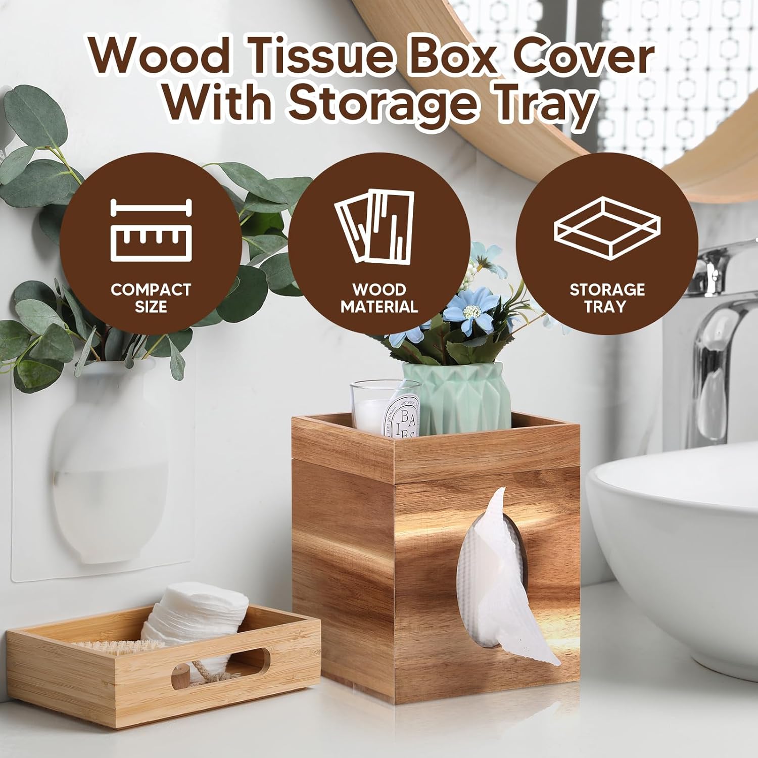 Funda para caja de pañuelos, cubierta de caja de pañuelos de madera con bandeja de almacenamiento cuadrada para caja de pañuelos para baño,