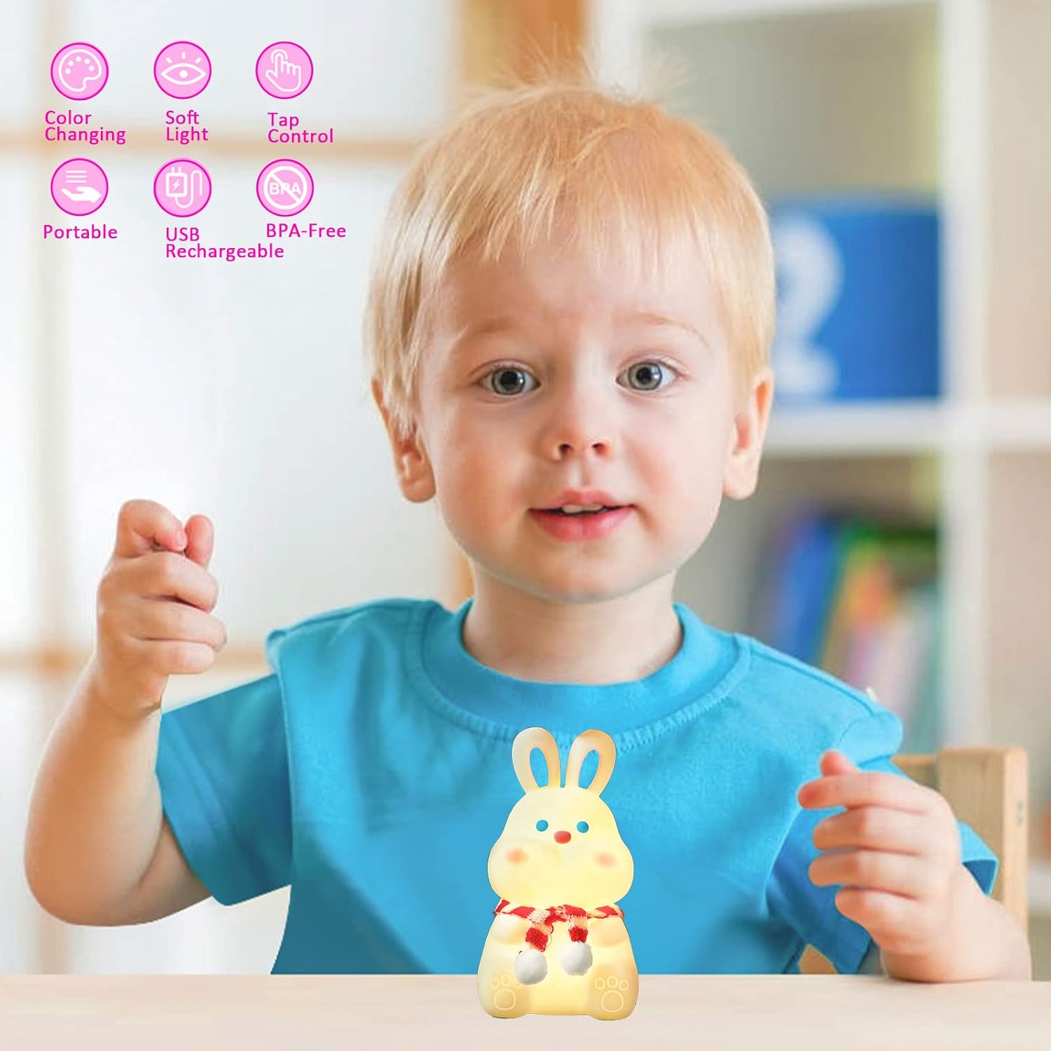 Dudu Bunny – Luz nocturna de silicona suave, portátil, de seguridad, recargable por USB, lámpara de 7 colores para niños y adultos, regalos de