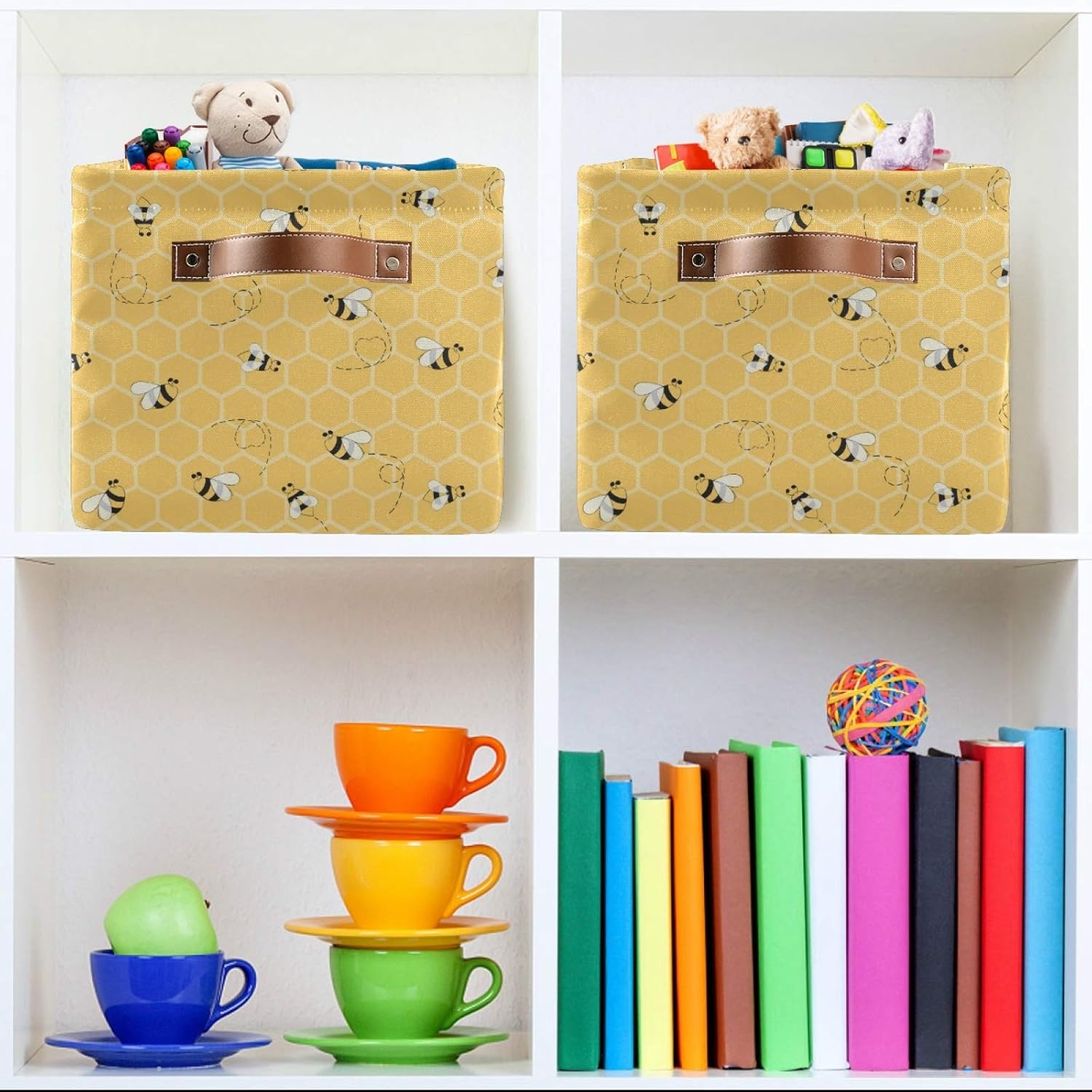 Linda cesta de almacenamiento cuadrada de abeja de animales, cesta organizadora comprimible de tela con asa para dormitorio, guardería, oficina, 1