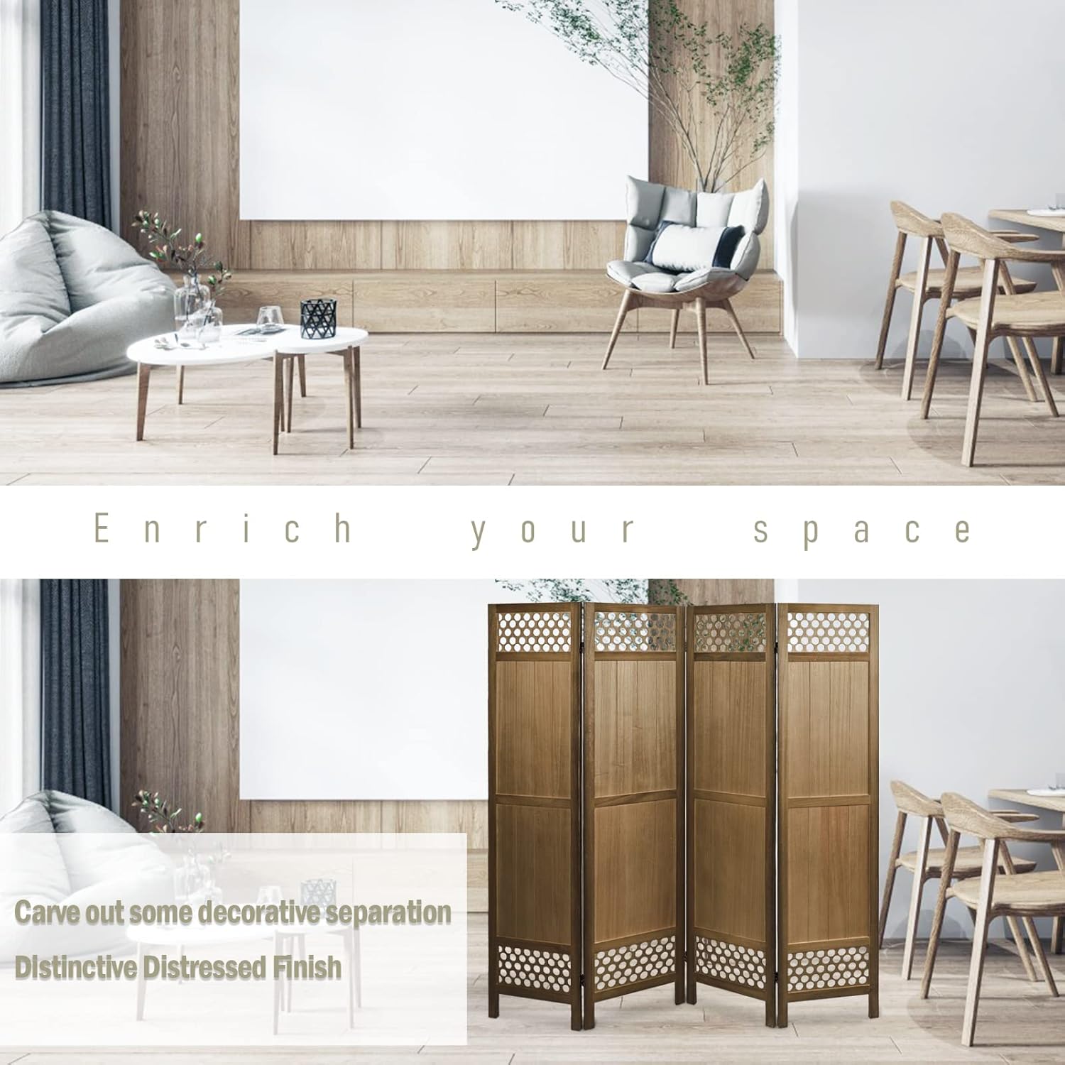 ECOMEX Divisor de habitación de 4 paneles, pantalla divisora de habitación con corte de madera, separadores de habitación de 5.6 pies y pantallas de