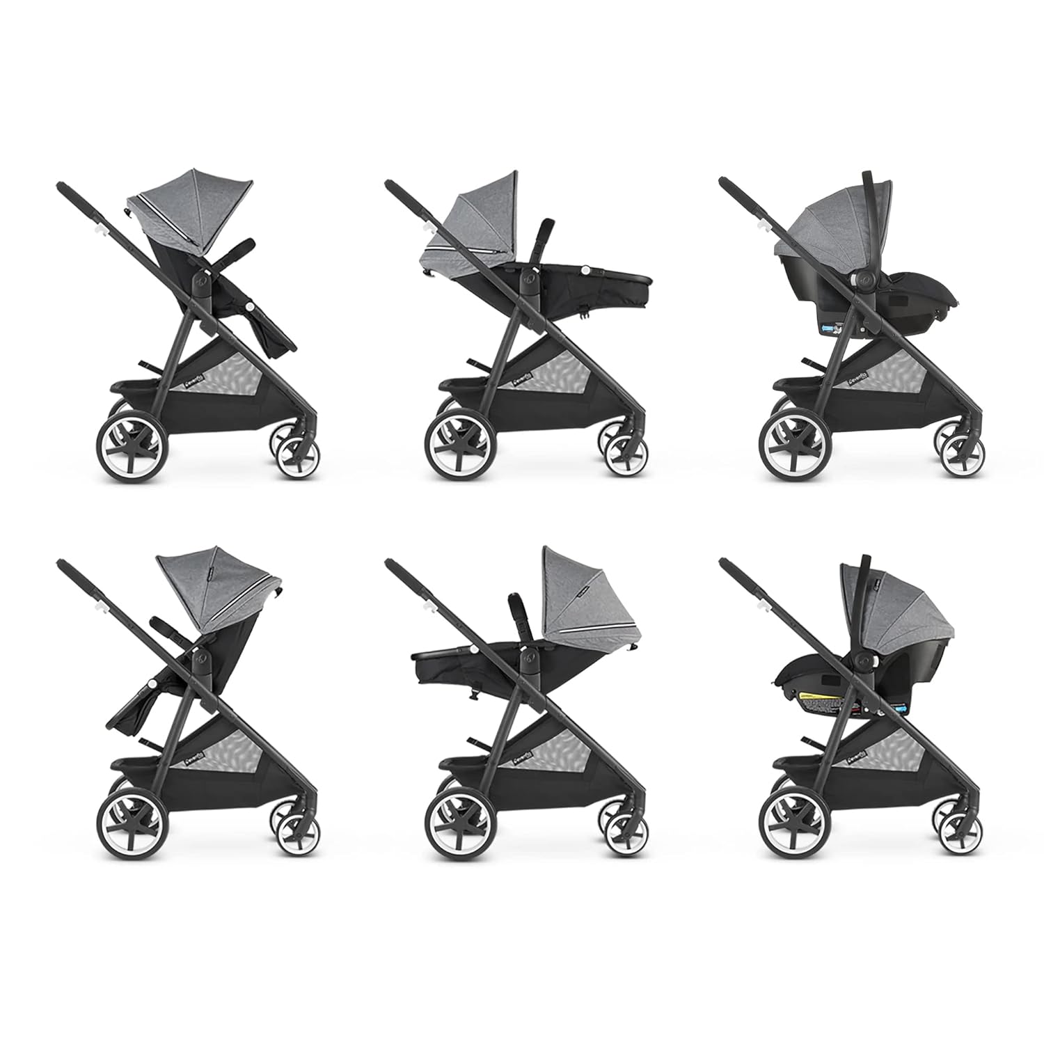 Evenflo Gold Shyft Travel Smart – Cochecito infantil con asiento de automóvil SecureMax con cesta de almacenamiento profunda y sensor seguro, gris