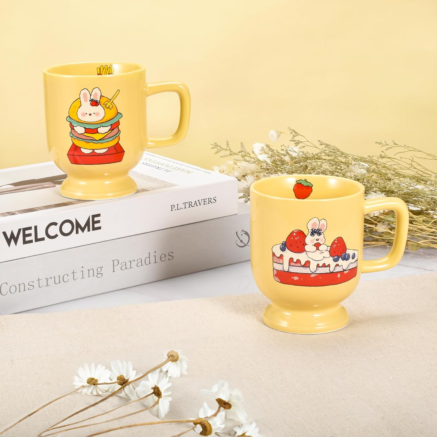 Taza de café de cerámica, tazas y tazas creativas con patrón de conejo y pastel, forma única de taza de 10 onzas para café con leche, capuchino,