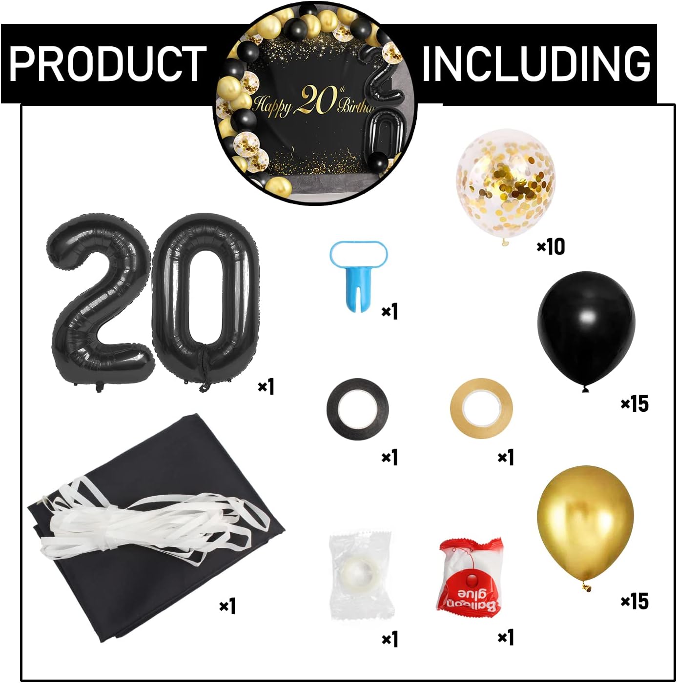 Juego de globos negros de feliz 20 cumpleaños  Saludos a los 20 años de edad temática de fiesta temática guirnalda pancarta decoración telón de
