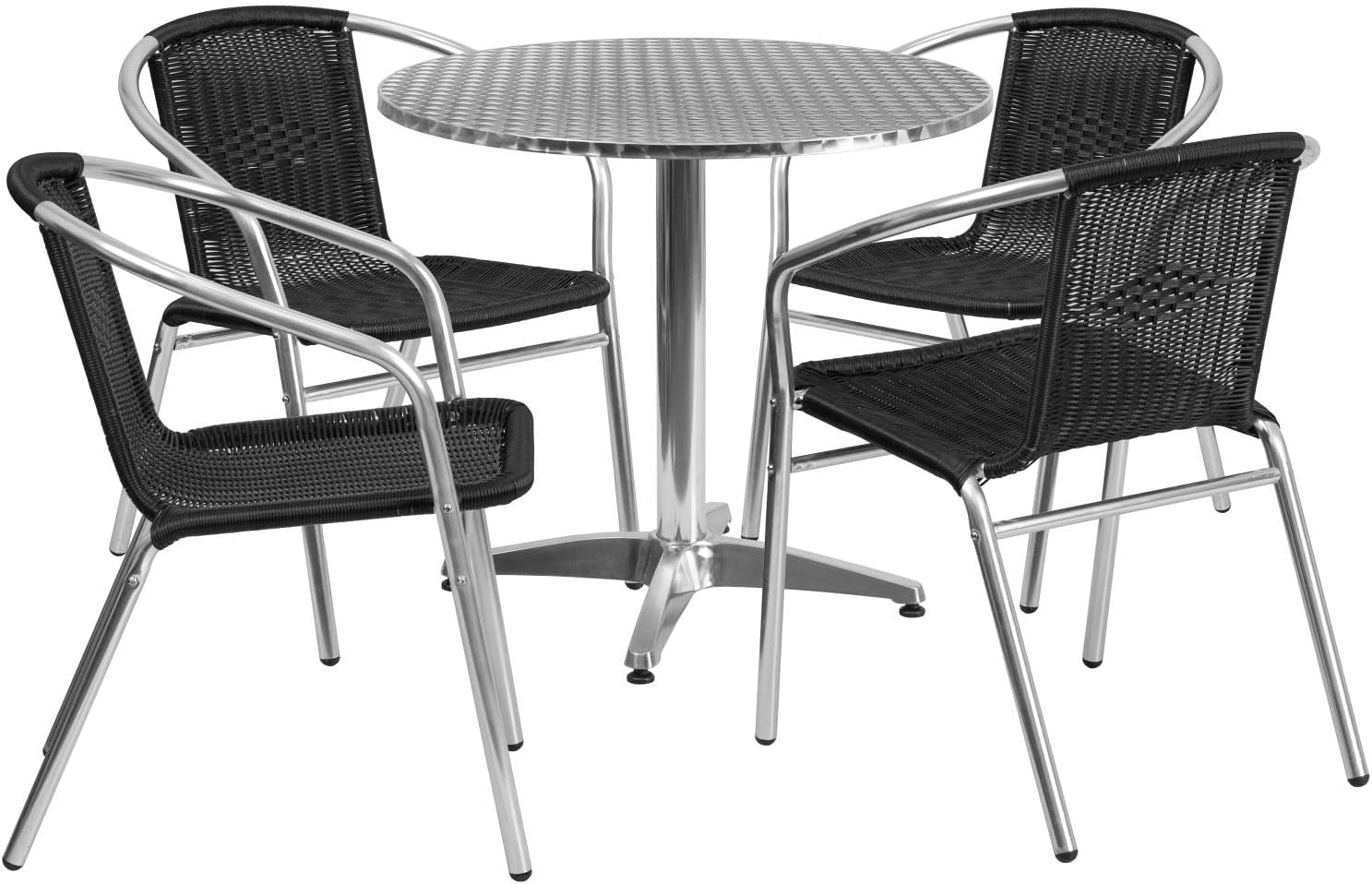 Flash Furniture Juego de mesa redonda de aluminio para interiores y exteriores de 31.5 pulgadas con 4 sillas de ratán negro