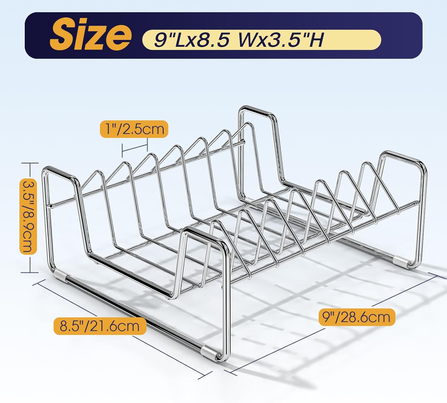 Estante para platos de 8 ranuras, organizador de platos de acero inoxidable, estante seco para armario y cajón, soporte para platos llanos, tapa de