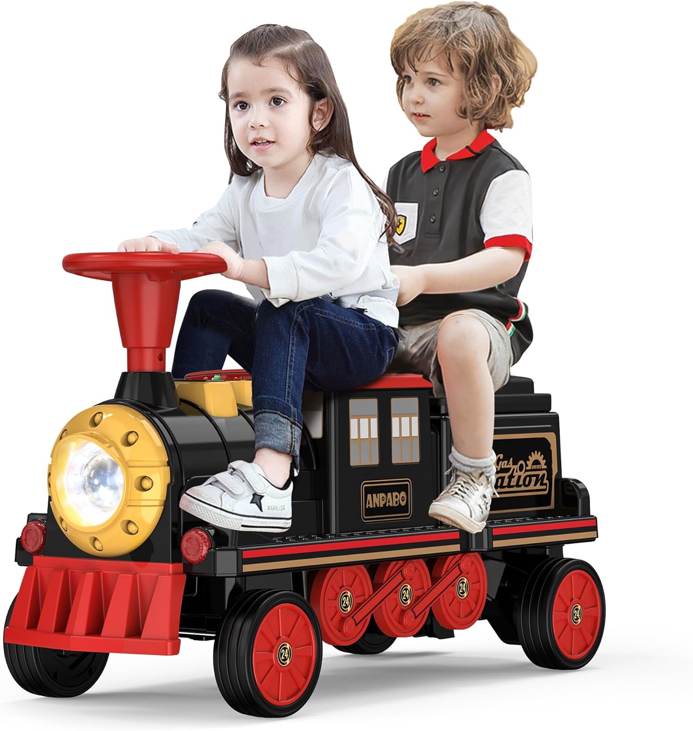 ANPABO Tren de 2 plazas sin pistas, juguete de 12 V con asiento ajustable en altura, almacenamiento adicional, faro, silbato de tren y música,