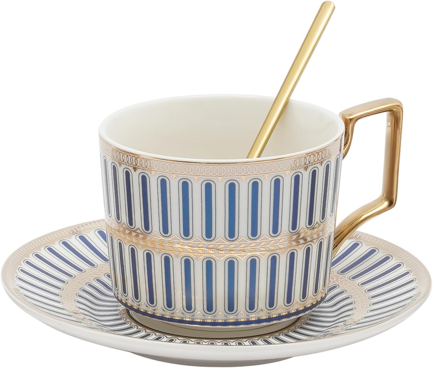 PaNeTnya Juego de 4 tazas y platillos de estilo europeo, taza de té y platillo de porcelana bellamente esmaltados con cuchara dorada adecuados para