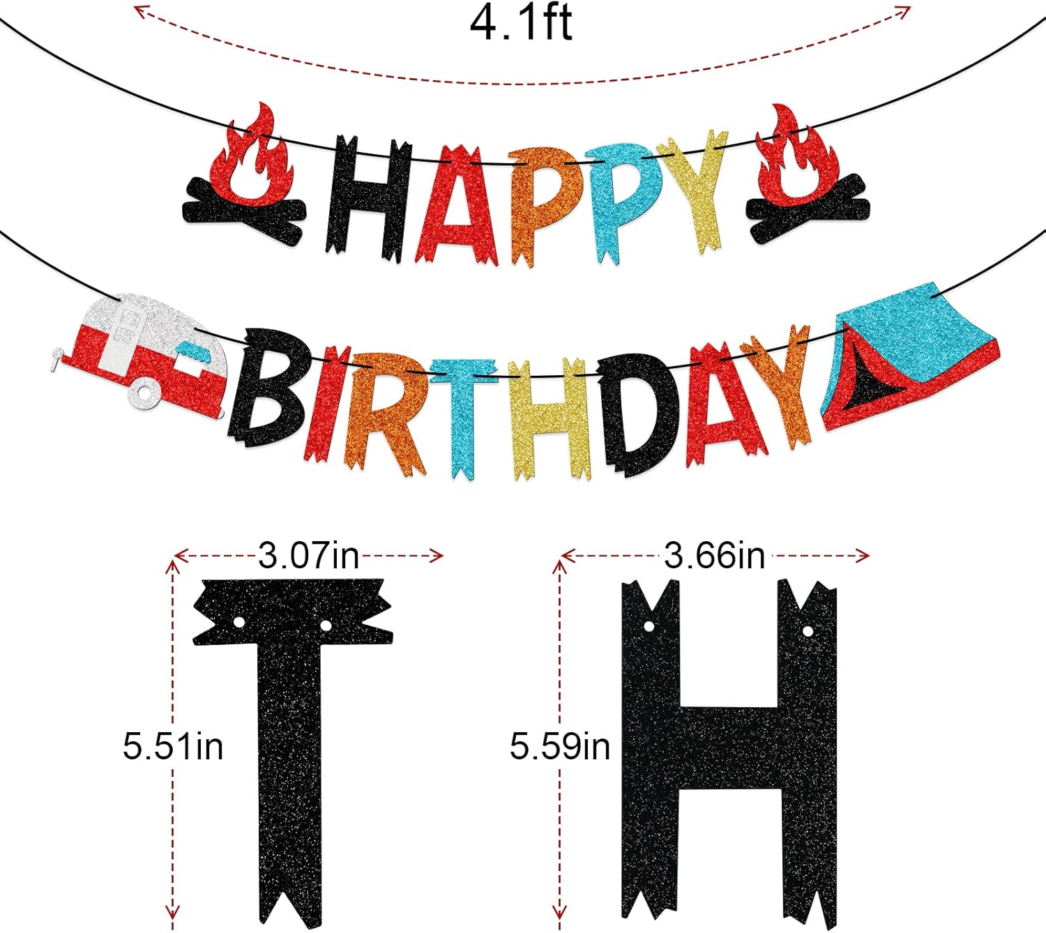 Cartel de feliz cumpleaños con purpurina, fiesta al aire libre, fiesta en el patio trasero, decoración de cumpleaños de campamento para niños y