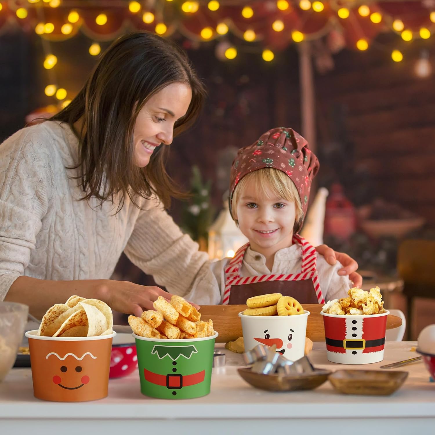200 cuencos desechables de Navidad de 9 onzas, tazas de aperitivos de Navidad, cuencos de papel para helado, muñecos de nieve navideños, cuencos de