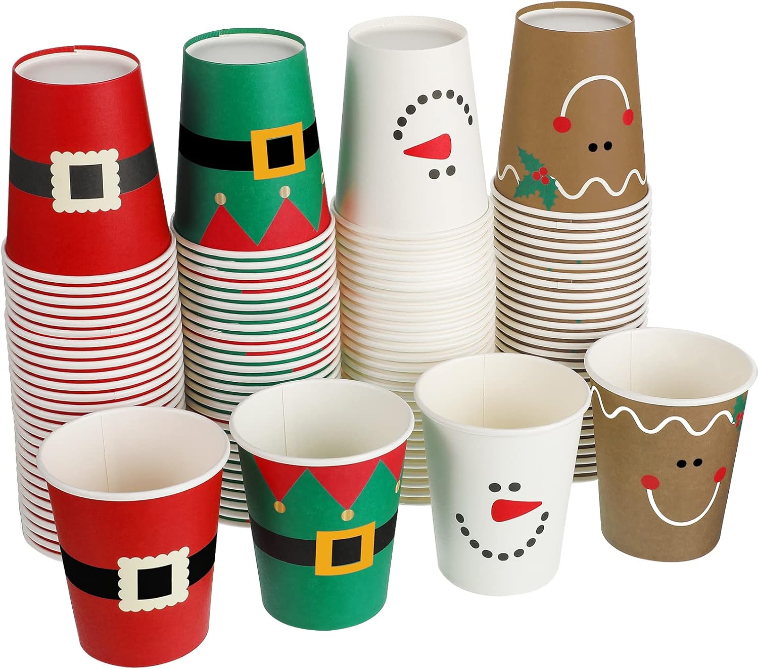 100 vasos de papel de Navidad, vasos de café desechables de Navidad, copos de nieve, Papá Noel, elfo, muñeco de nieve, alce, tazas de Navidad de 9