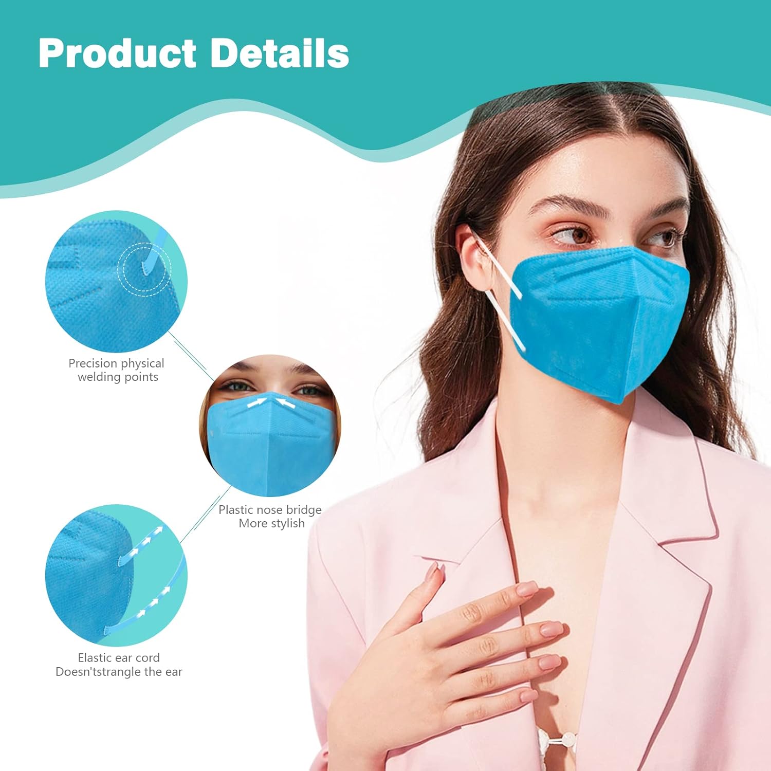 Mascarillas KN95, paquete de 50 unidades, transpirable, respirador de seguridad transpirable, 5 capas, copa multicolor, máscara KN95 desechable para