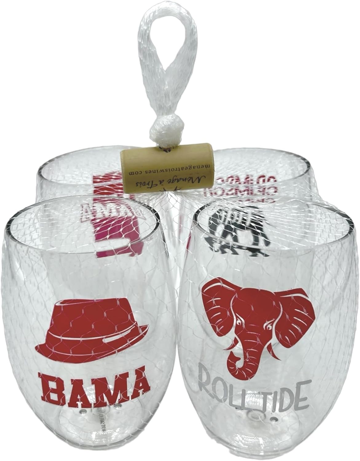 Juego de 4 copas de vino de plástico inastillables de 16 onzas fabricadas en los Estados Unidos (BAMA ROLL TIDE)