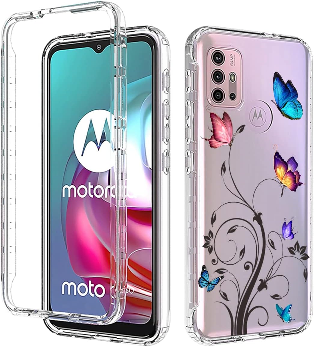 Ueokeird Funda para Moto G30Moto G10G10 PowerMoto G20 XT2129-1 con protector de pantalla de vidrio templado, diseño de mariposa transparente de